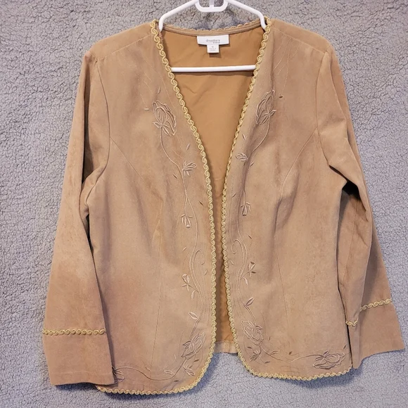 Dressbarn Women Jacket Brown Tan Light Long Sleeve Embroidered. Size 1X - Picture 1 of 8